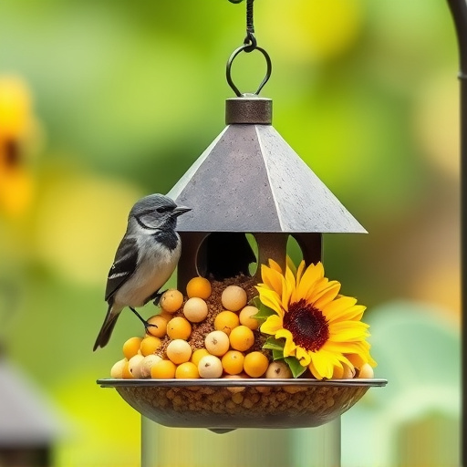 Bird feeder filled with sunflower hearts