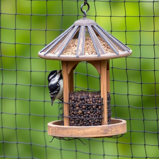 Bird feeder surrounded by wire mesh