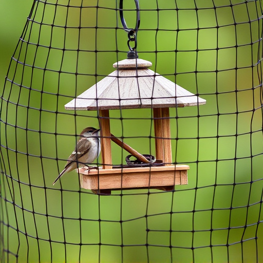 Bird feeder surrounded by wire mesh