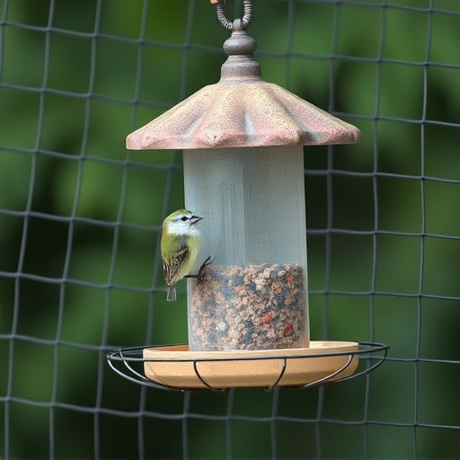 Bird feeder surrounded by wire mesh