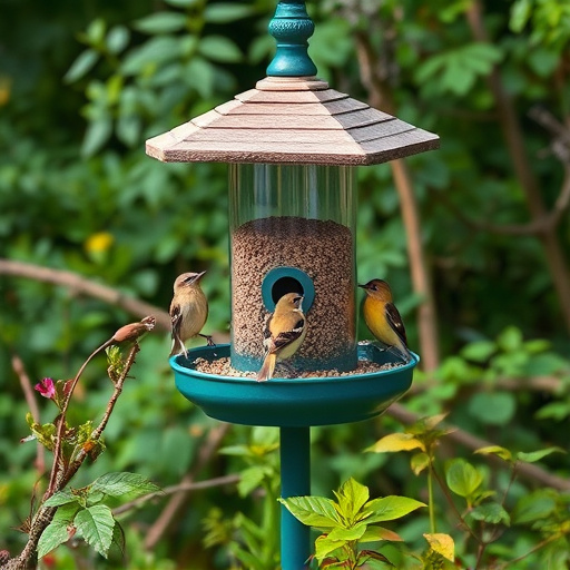 Bird feeding station surrounded by greenery