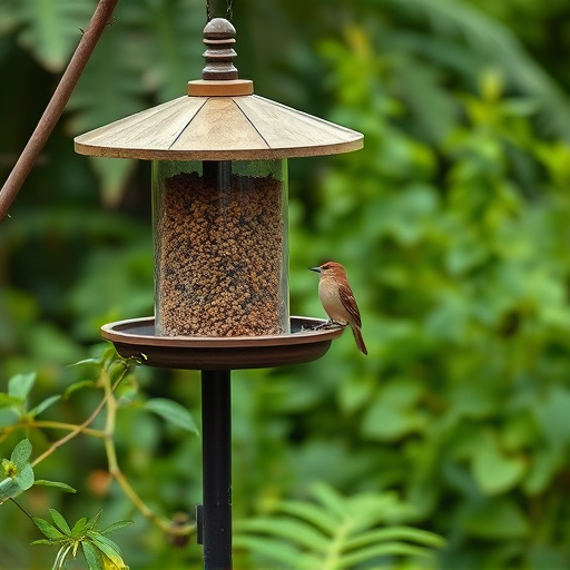 Bird feeding station surrounded by greenery