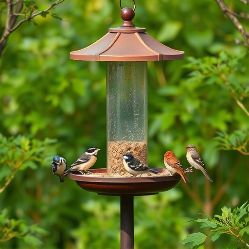 Bird feeding station surrounded by greenery