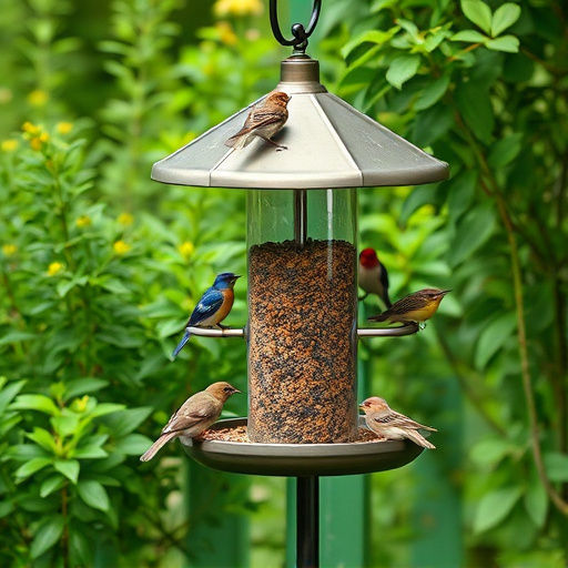 Bird feeding station surrounded by greenery