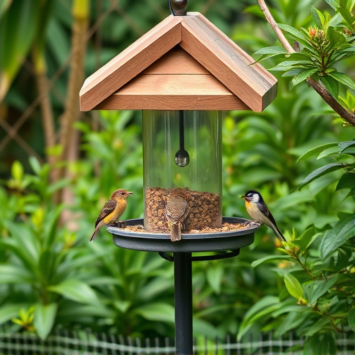 Bird feeding station surrounded by greenery