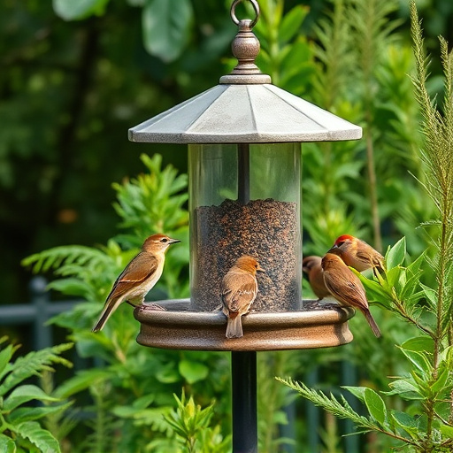 Bird feeding station surrounded by greenery