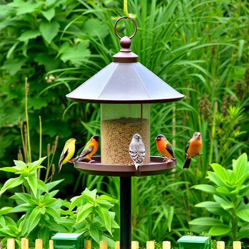 Bird feeding station surrounded by greenery