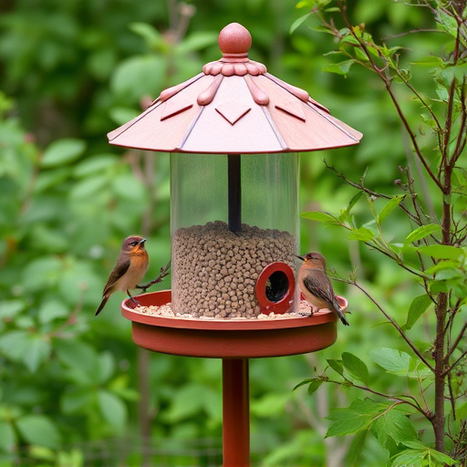 Bird feeding station surrounded by greenery