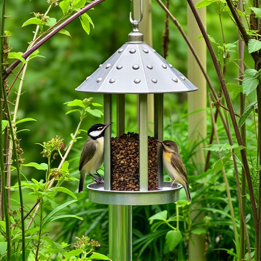 Bird feeding station surrounded by greenery