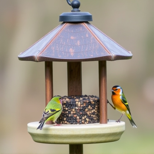 Bird feeding station with roof cover