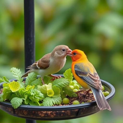 Bird feeding tray with fresh greens