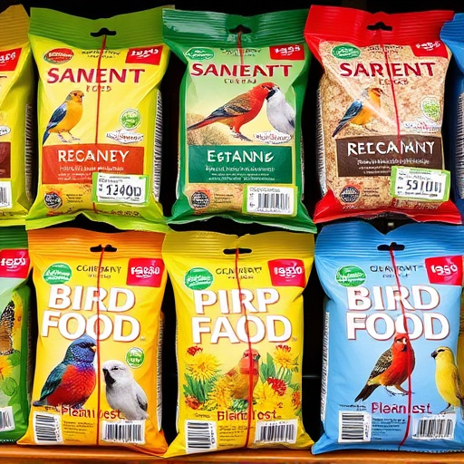 Bird food packets with price labels