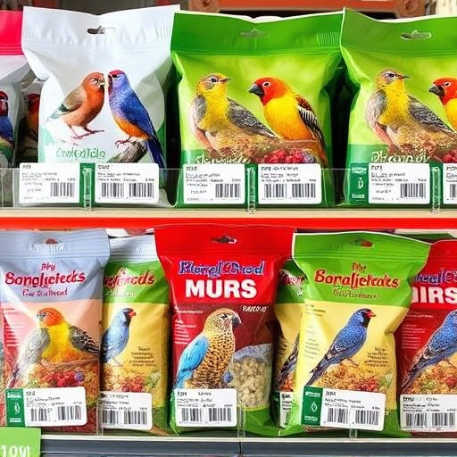 Bird food packets with price labels