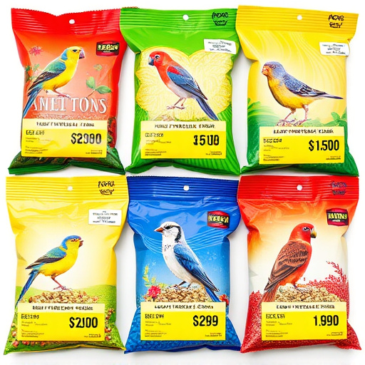 Bird food packets with price labels