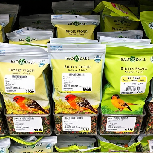Bird food packets with price labels