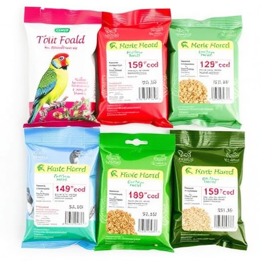 Bird food packets with price labels
