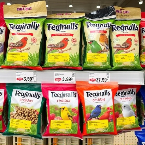 Bird food packets with price labels