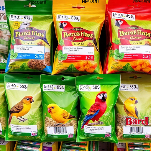 Bird food packets with price labels