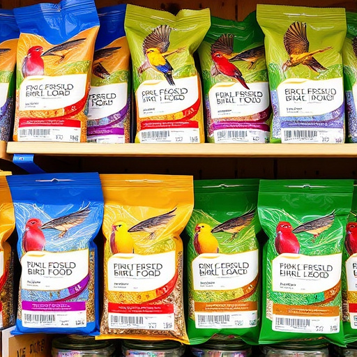 Bird food packets with price labels