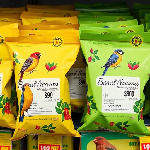 Bird food packets with price labels