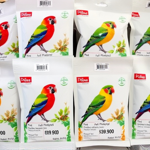 Bird food packets with price labels