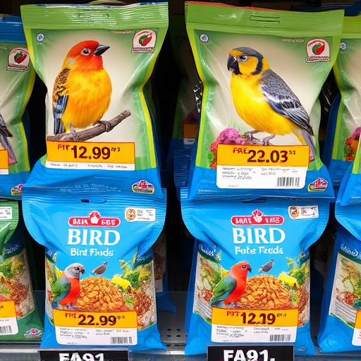 Bird food packets with price labels