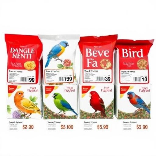 Bird food packets with price labels