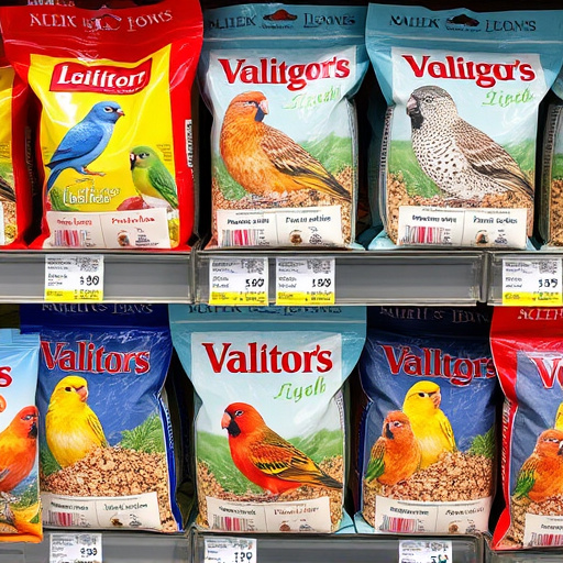 Bird food packets with price labels