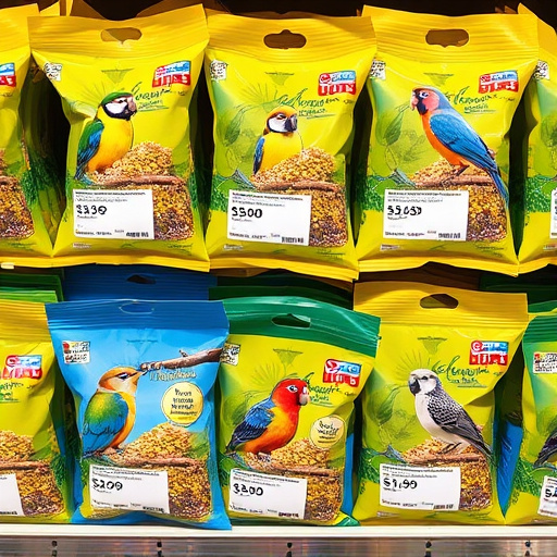 Bird food packets with price labels