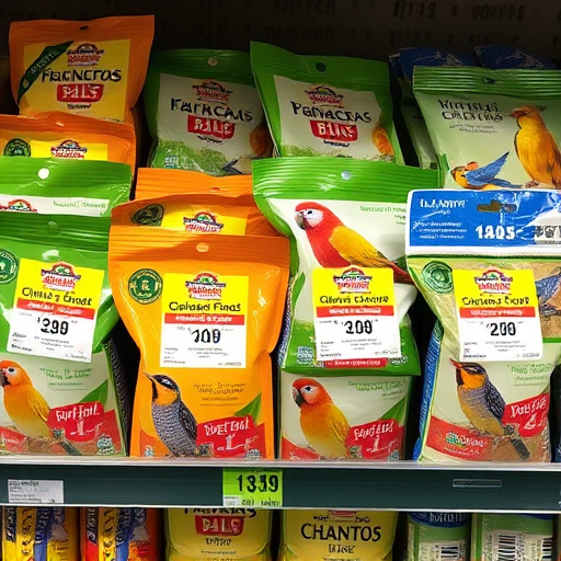 Bird food packets with price labels