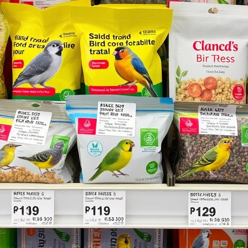 Bird food packets with price labels
