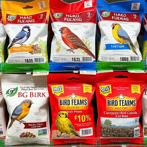 Bird food packets with price labels