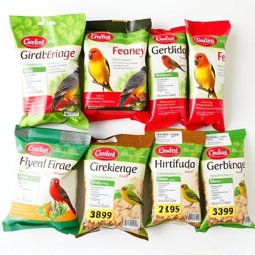 Bird food packets with price labels