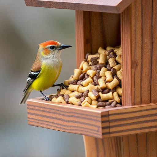 Bird food pellets in wooden feeder