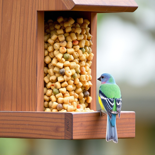 Bird food pellets in wooden feeder