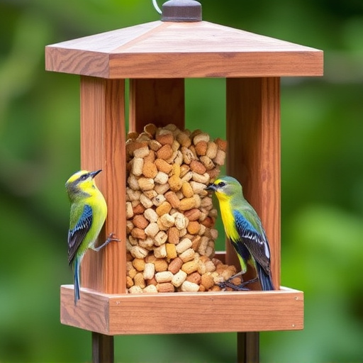 Bird food pellets in wooden feeder