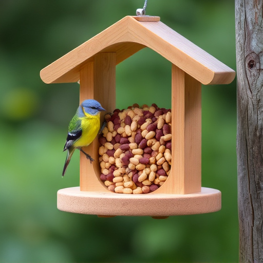 Bird food pellets in wooden feeder