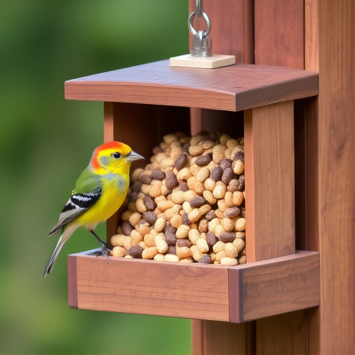 Bird food pellets in wooden feeder