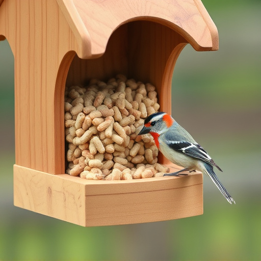 Bird food pellets in wooden feeder