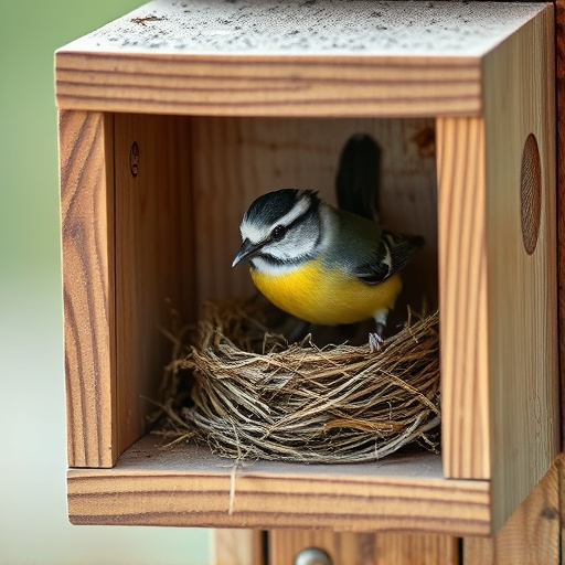 Bird nesting inside cozy wooden box