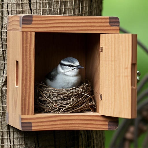 Bird nesting inside cozy wooden box