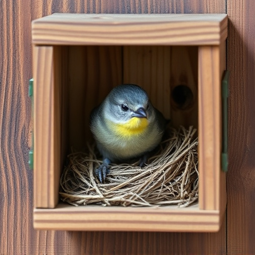 Bird nesting inside cozy wooden box