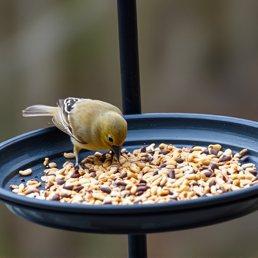 Bird seed scattered on feeder tray