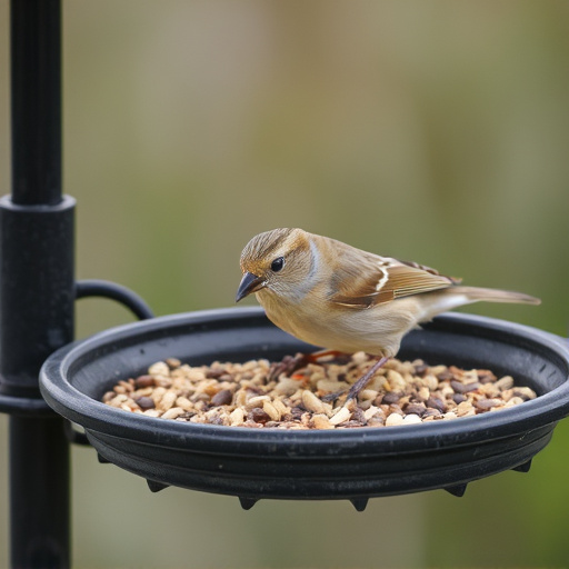 Bird seed scattered on feeder tray