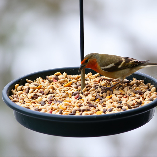 Bird seed scattered on feeder tray