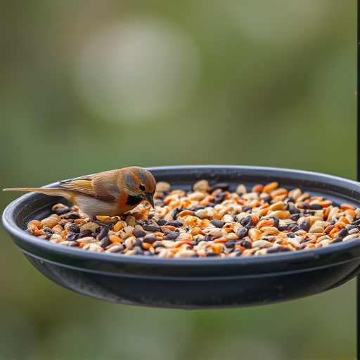 Bird seed scattered on feeder tray