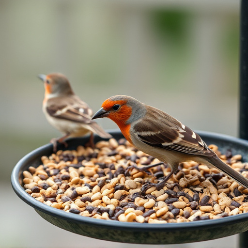 Bird seed scattered on feeder tray