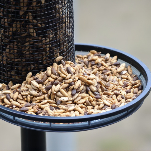 Bird seed scattered on feeder tray