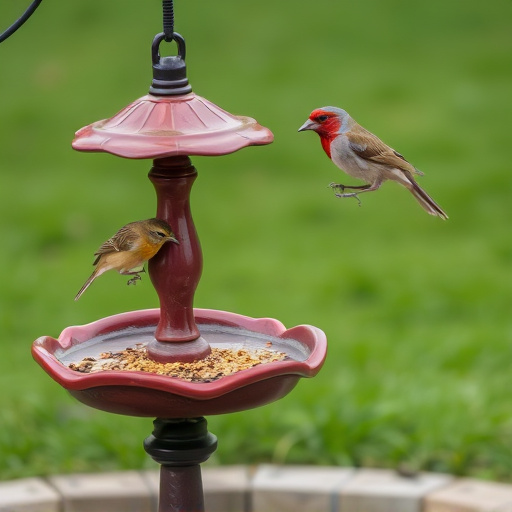 Birdbath beside feeder with seed mix
