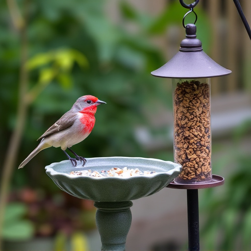 Birdbath beside feeder with seed mix